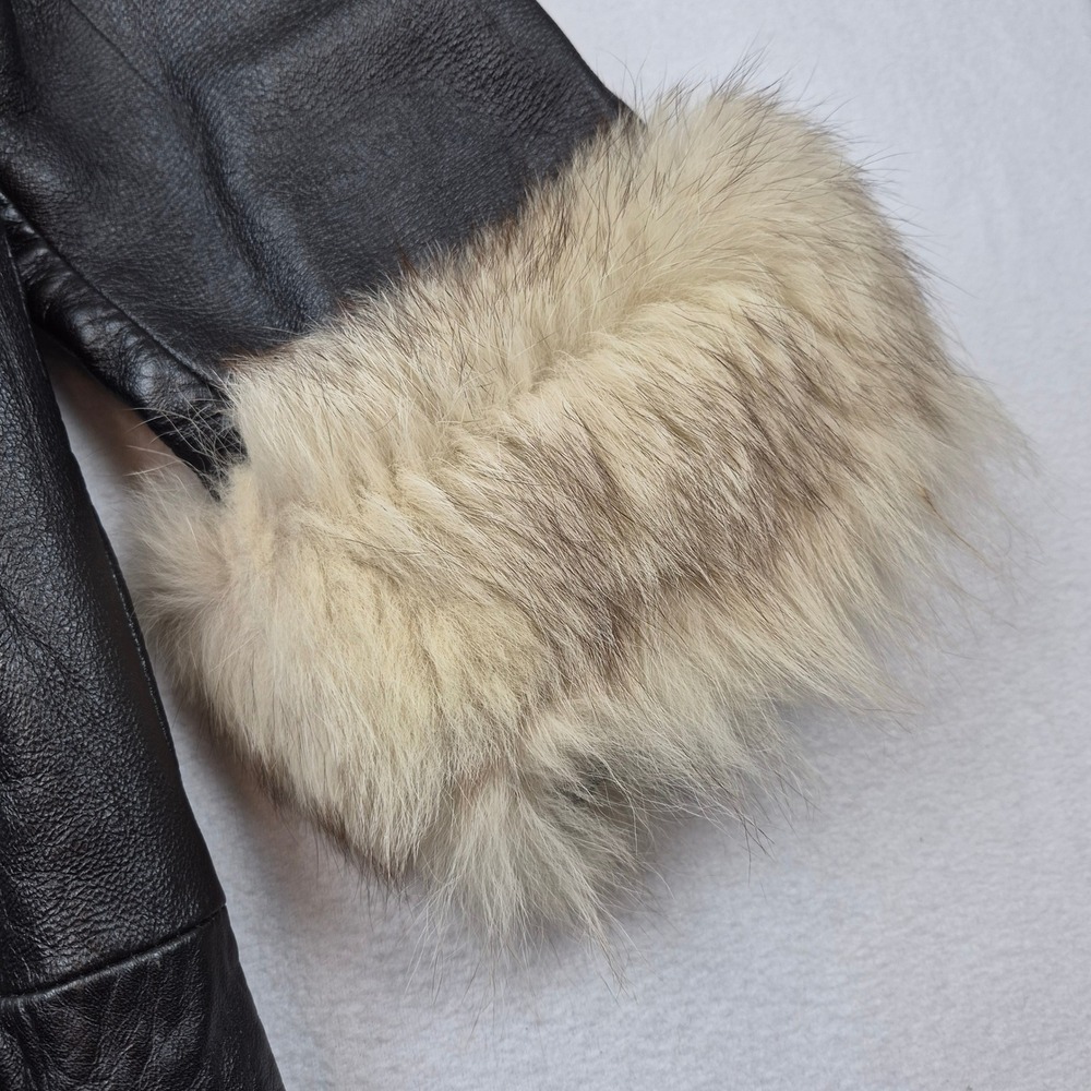Vintage Black Leather Trench Coat Genuine Fur Collar Cuffs Size 14 Mid Length - Picture 9 of 16